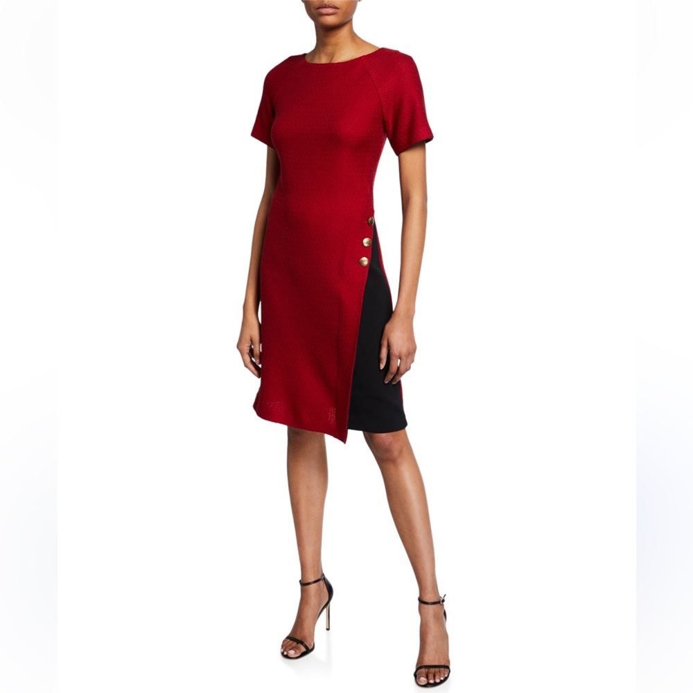 St. John Raglan Sleeve Textured Float Stitch A-Line Dress w Stretch Cady Insert